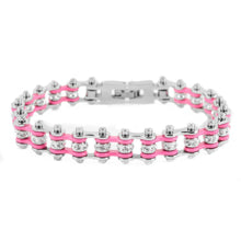 Mini 3/8" Two-Tone Stainless Steel Motorcycle Bike Chain Bracelet with White Crystal Centers